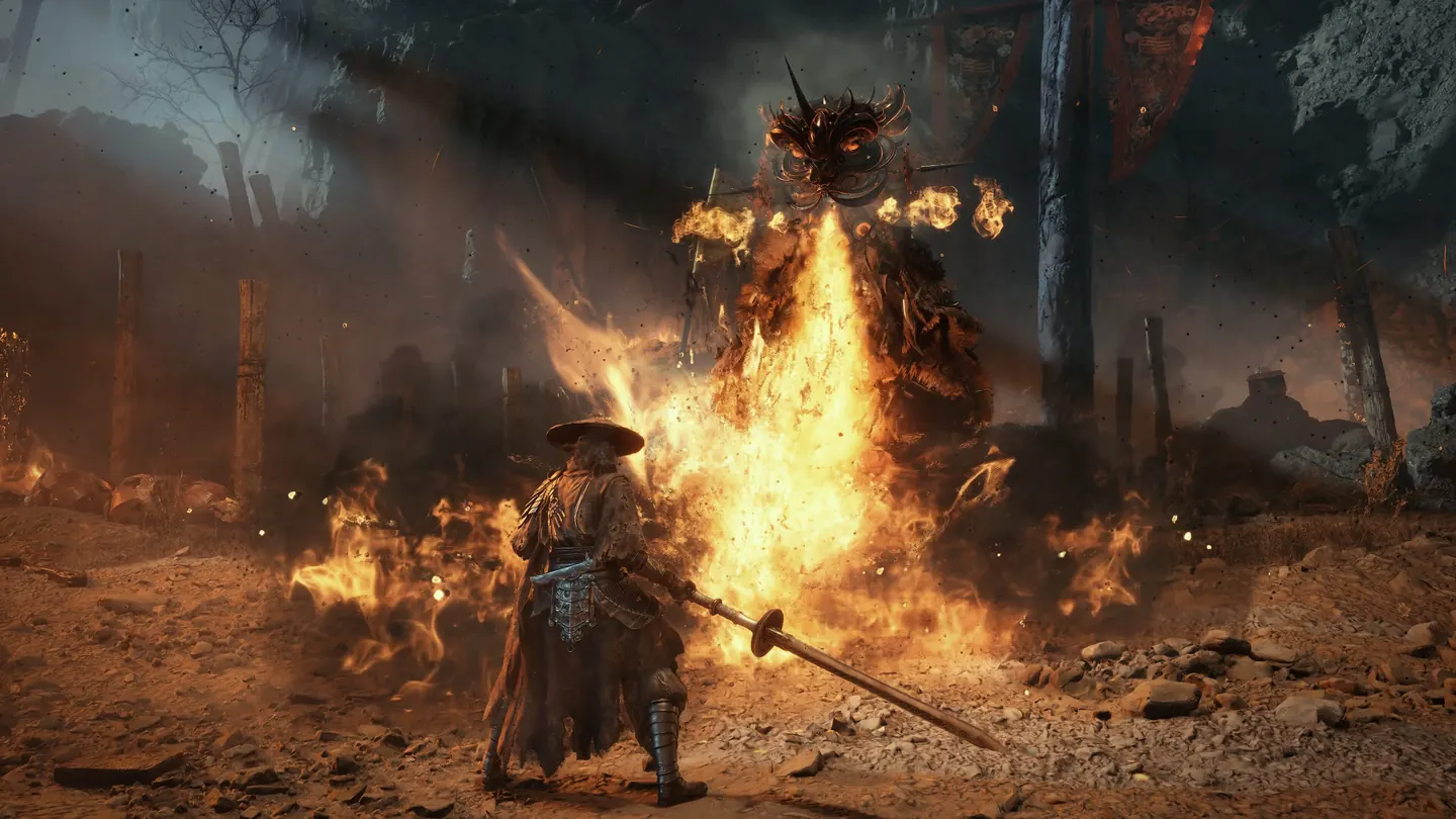 Phantom Blade Zero swordsman facing a fire-wreathed masked boss