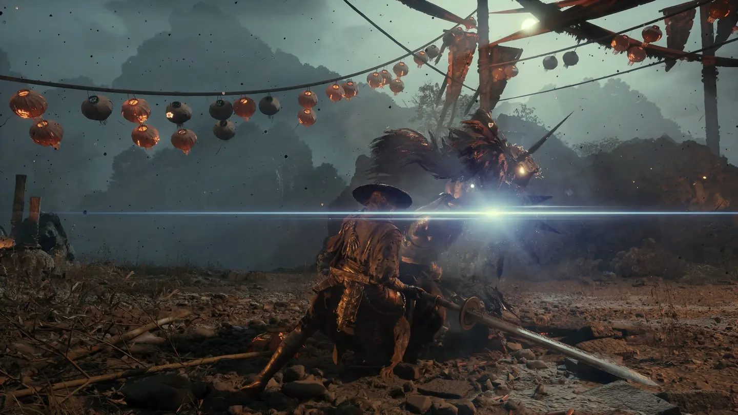 Phantom Blade Zero warrior facing a large beast beneath hanging lanterns