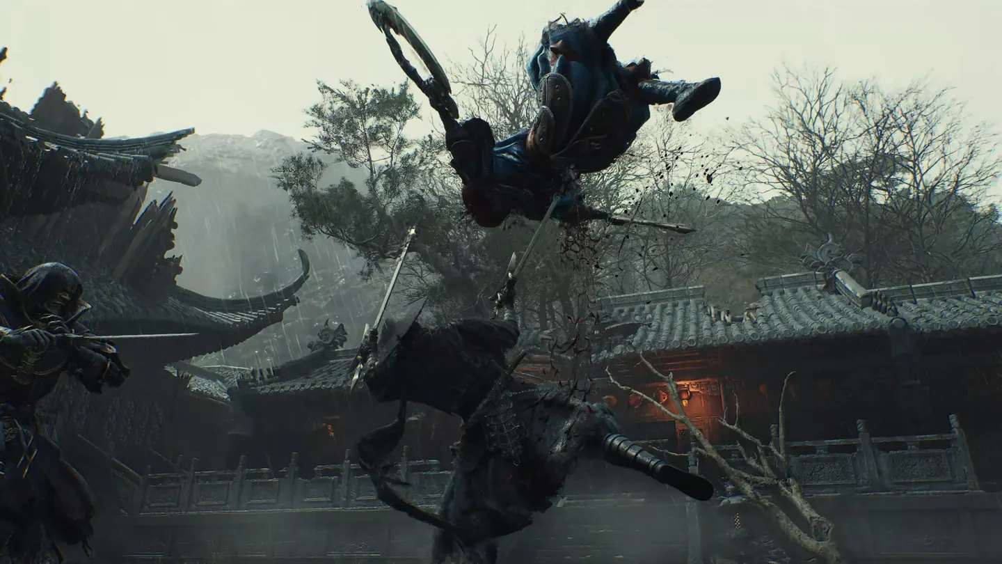 Phantom Blade Zero airborne sword clash above an old tiled rooftop