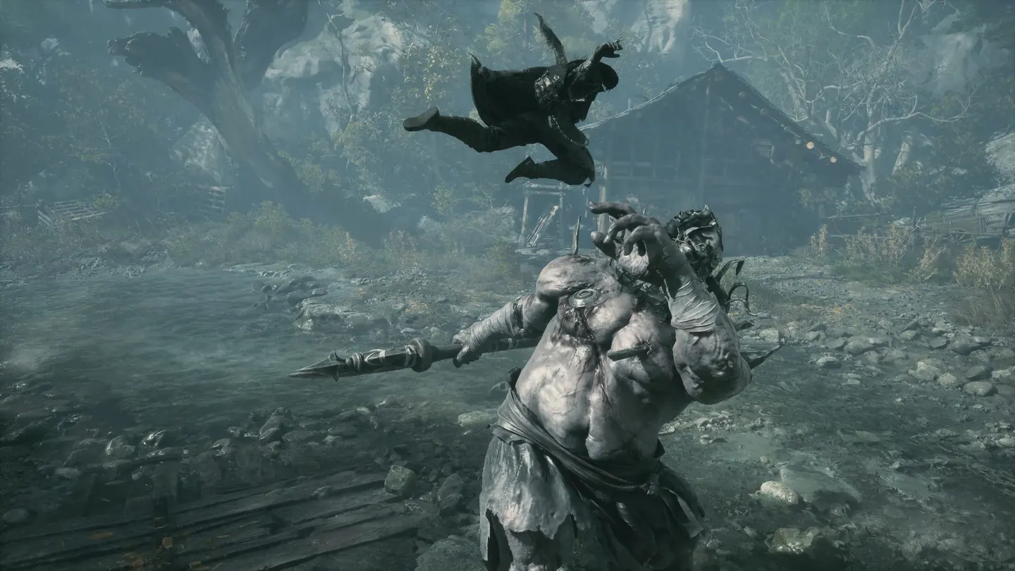 Phantom Blade Zero player character leaping over a swamp enemy in a wooded setting